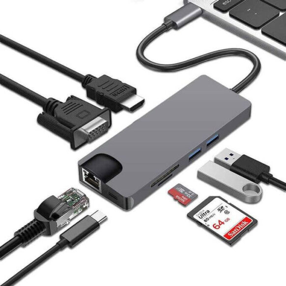 Adaptateur multifonction USB-C 8 en 1 Ports avec HDMI VGA RJ45 et USB