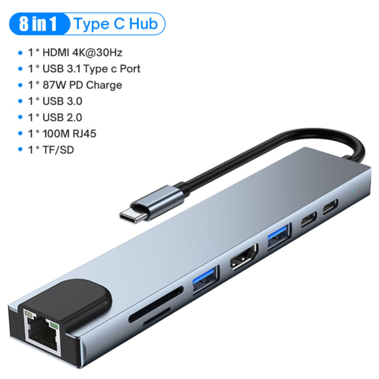 Adaptateur USB C, Station d'accueil 8 en 1 avec HDMI, USB 3.0 + 2.0, USB-C 2.0, SD/TF, 4K/30 Hz, PD
