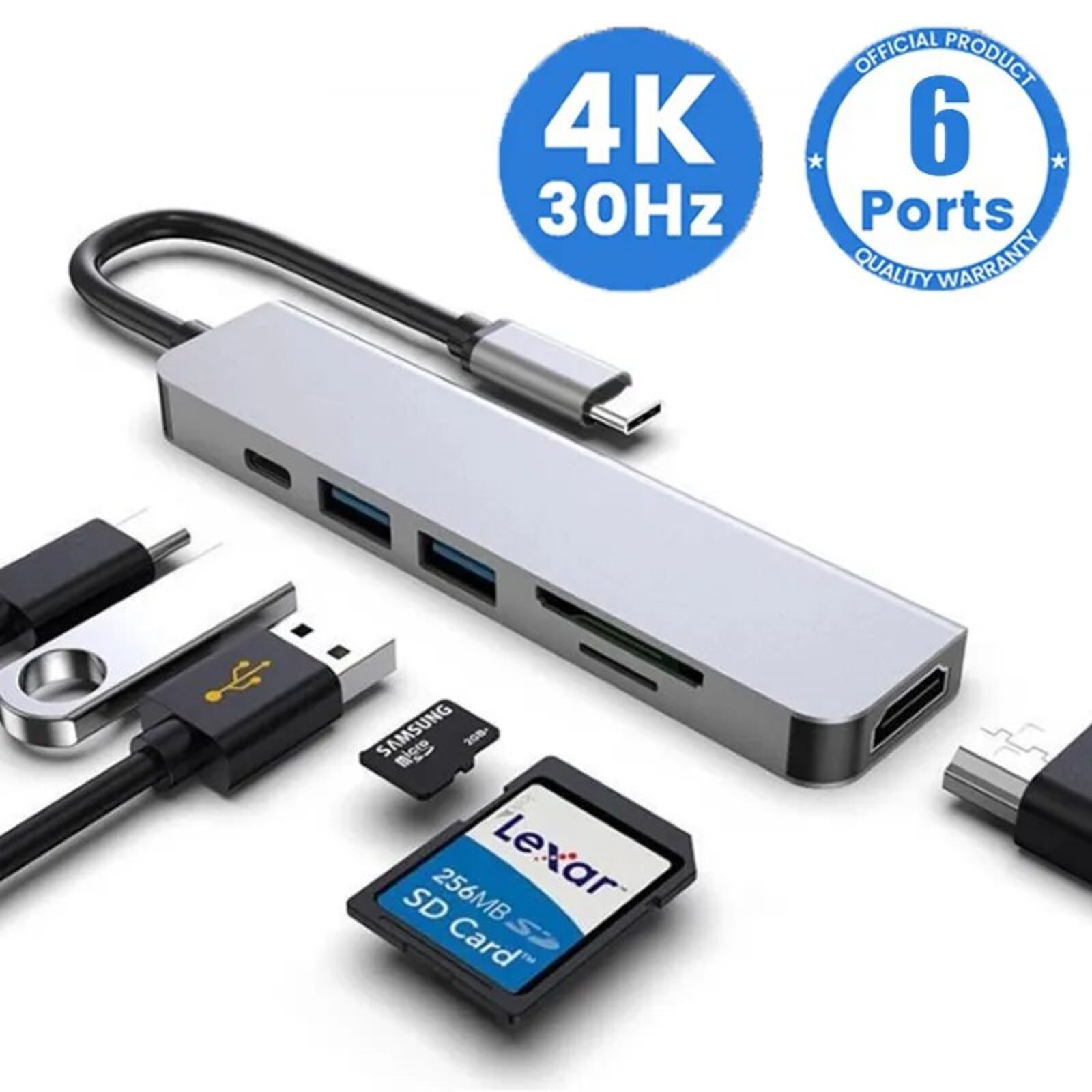 adaptateur multiports USB-C 6 en 1 avec HDMI 4K, USB 3.0, lecteur SD/TF et Power Delivery pour PC portable