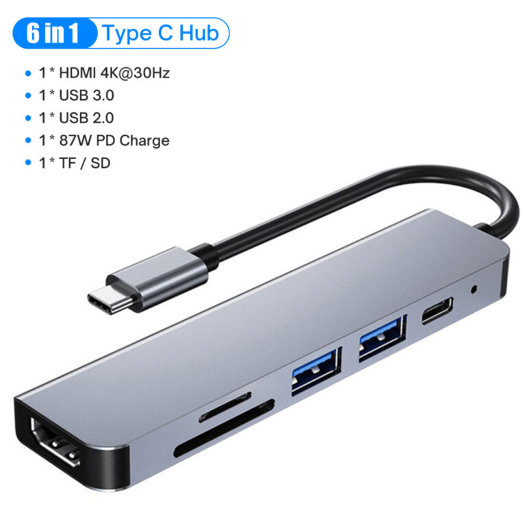 Adaptateur USB C 6en1, Station d’accueil avec HDMI, USB 3.0 , USB-C 2.0, SD/TF, 4K/30 Hz, PD