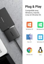 Adaptateur Ugreen USB 3.0 connecté à un disque SSD 2,5 pouces, illustrant la compatibilité et vitesse de transfert