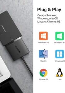 Adaptateur Ugreen USB 3.0 connecté à un disque SSD 2,5 pouces, illustrant la compatibilité et vitesse de transfert