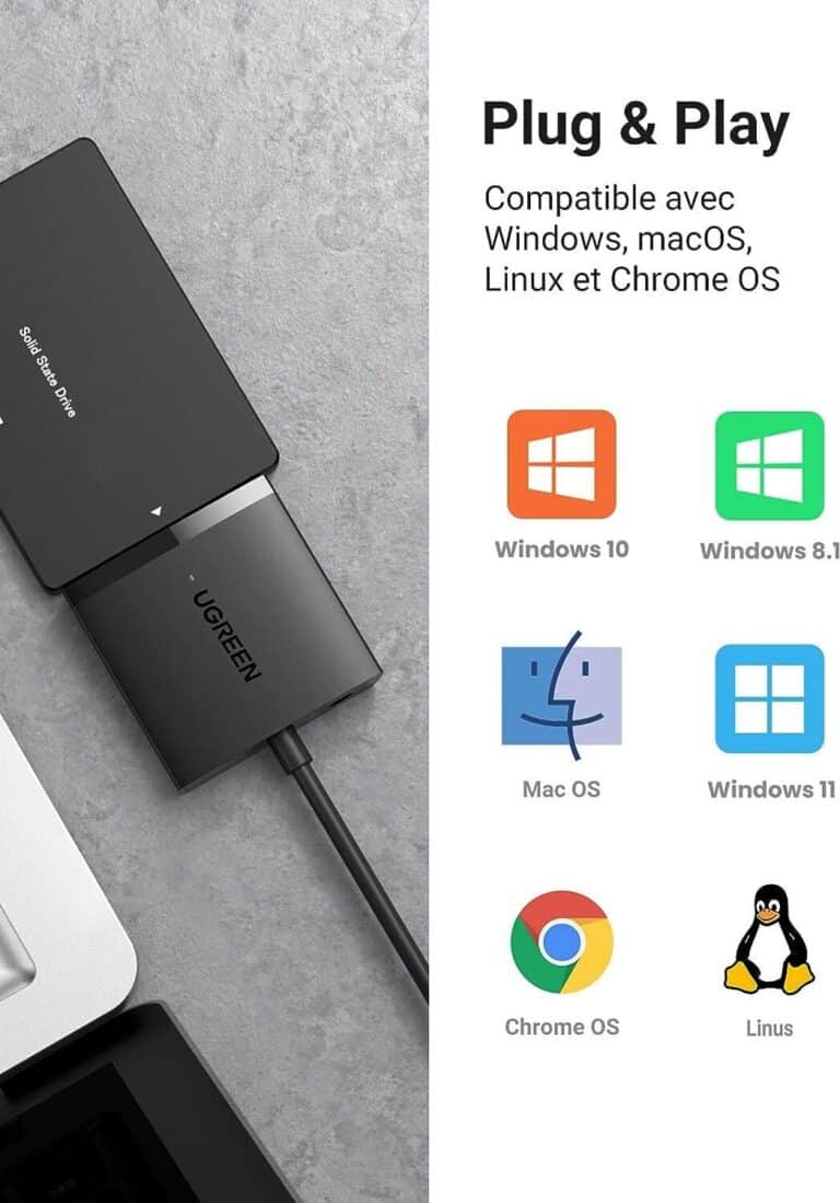 Adaptateur Ugreen USB 3.0 connecté à un disque SSD 2,5 pouces, illustrant la compatibilité et vitesse de transfert
