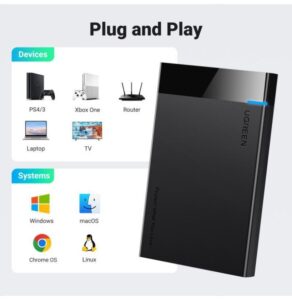 Boîtier Ugreen ouvert avec un disque dur prêt à insérer
