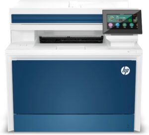 Imprimante Multifonction HP LaserJet Pro 4303dw vue de face avec panneau de contrôle allumé