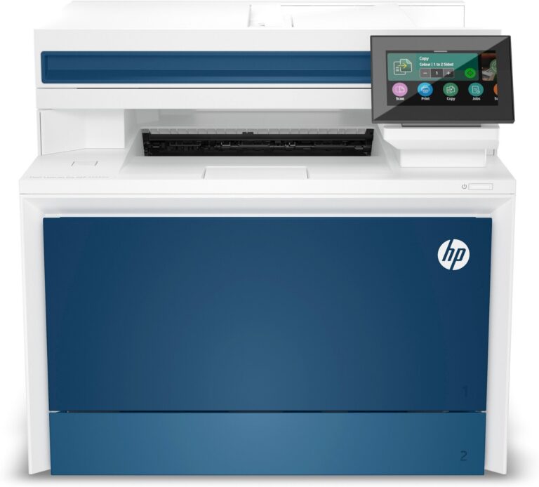 Imprimante Multifonction HP LaserJet Pro 4303dw vue de face avec panneau de contrôle allumé