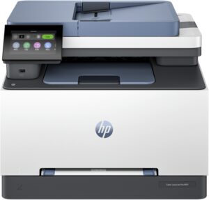 Imprimante Multifonction Laser Couleur HP LaserJet Pro 3303sdw installée sur un bureau professionnel moderne