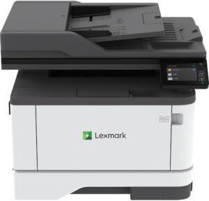 Imprimante Laser Monochrome Lexmark sur un bureau moderne avec documents en cours d’impression.