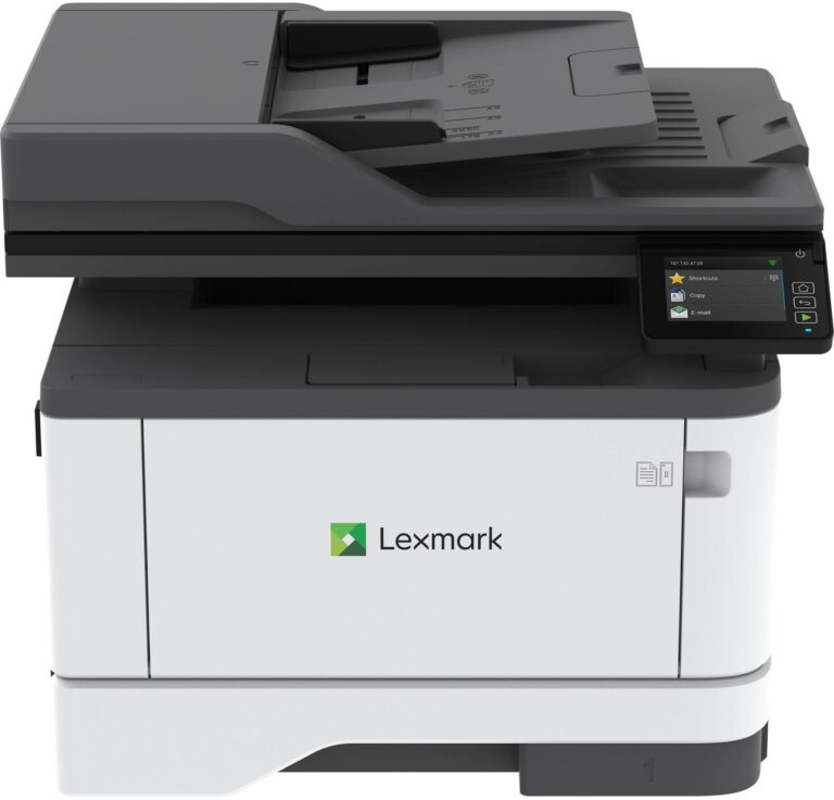 Imprimante Laser Monochrome Lexmark sur un bureau moderne avec documents en cours d’impression.