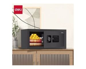 Coffre-fort Deli ET531 placé sur un bureau moderne