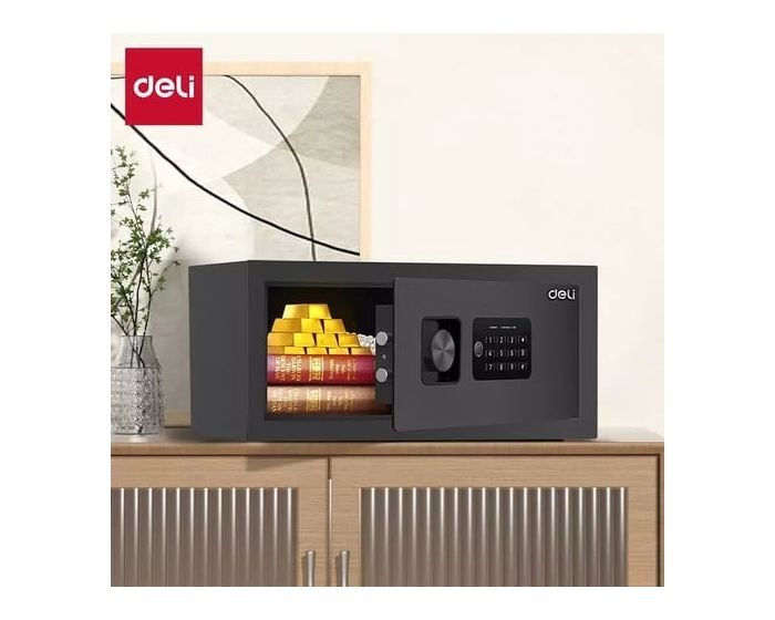 Coffre-fort Deli ET531 placé sur un bureau moderne