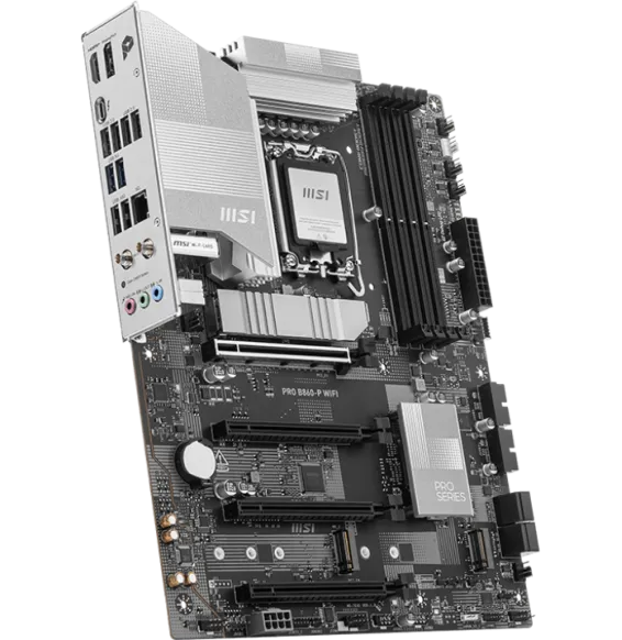 Carte Mère MSI PRO B860-P WIFI vue inclinée avec socket LGA1851 et slots DDR5