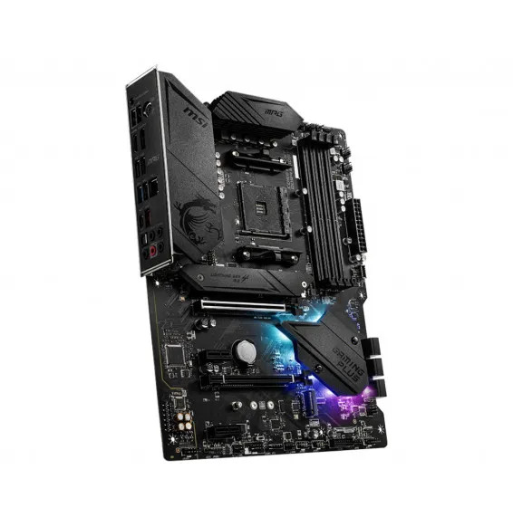 Carte Mère MSI MPG B550 GAMING PLUS vue inclinée avec dissipateurs et design gaming MSI