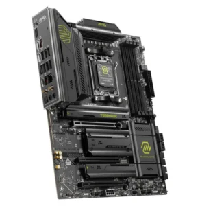 Carte Mère MSI MAG X870E TOMAHAWK WIFI vue inclinée avec socket AM5 et dissipateurs noirs