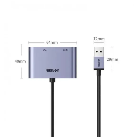 UGREEN 20518 adaptateur USB HDMI VGA avec dimensions compactes et design portable