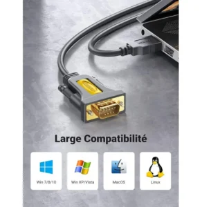 Adaptateur USB RS232 UGREEN 20211 DB9 mâle avec compatibilité Windows MacOS Linux pour équipements série professionnels