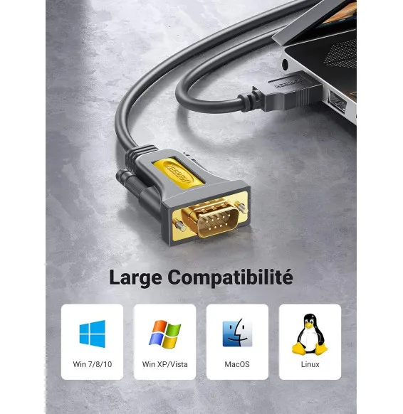 Adaptateur USB RS232 UGREEN 20211 DB9 mâle avec compatibilité Windows MacOS Linux pour équipements série professionnels