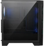 Vue latérale du boîtier MSI MAG FORGE 320R AIRFLOW noir avec intérieur visible et verre trempé