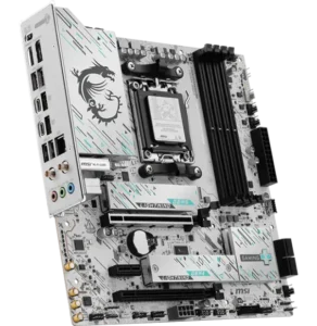 Carte Mère MSI B850M GAMING PLUS WIFI vue inclinée avec socket AM5 et dissipateurs blancs