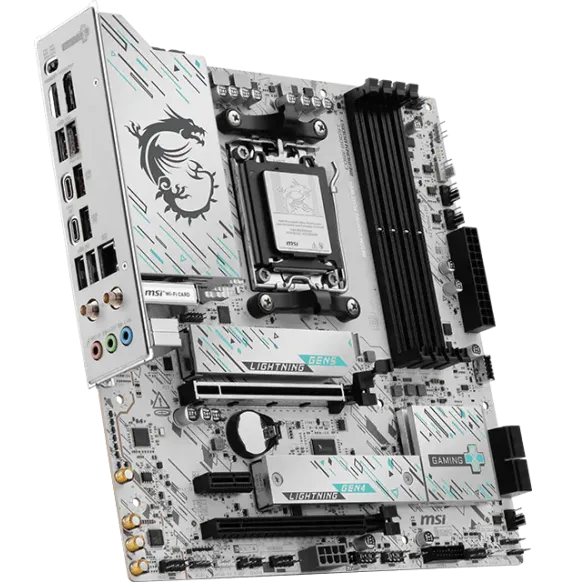 Carte Mère MSI B850M GAMING PLUS WIFI vue inclinée avec socket AM5 et dissipateurs blancs