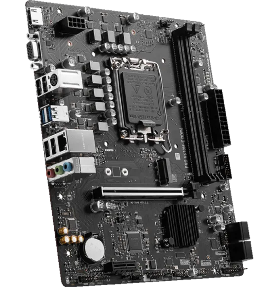Carte Mère MSI PRO H610M-E DDR4 vue inclinée pour configuration Intel