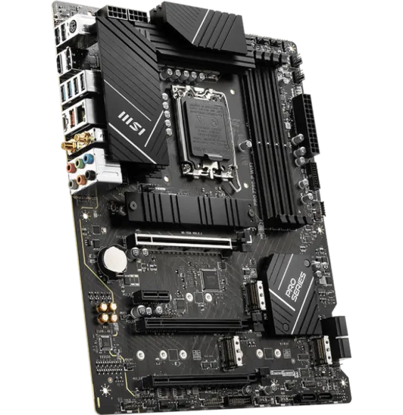 Carte Mère MSI PRO Z790-P WIFI vue inclinée avec PCIe 5.0 et dissipateurs MSI