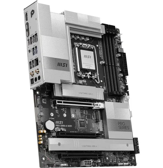 Carte Mère MSI PRO Z890-A WIFI vue inclinée avec socket LGA1851 et dissipateurs argentés