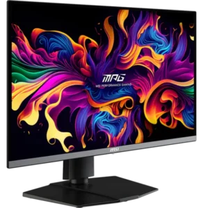 Écran Gaming MSI MPG 272URX QD-OLED vue avant avec image colorée et design premium