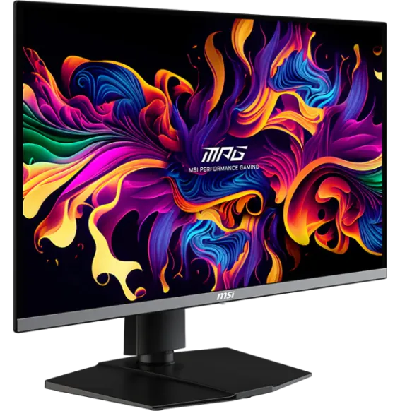 Écran Gaming MSI MPG 272URX QD-OLED vue avant avec image colorée et design premium