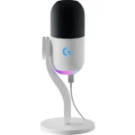 micro Logitech G Yeti GX Blanc RGB vue de face avec support