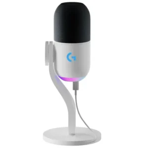 micro Logitech G Yeti GX Blanc RGB vue de face avec support