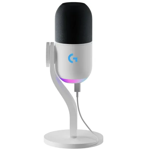 micro Logitech G Yeti GX Blanc RGB vue de face avec support