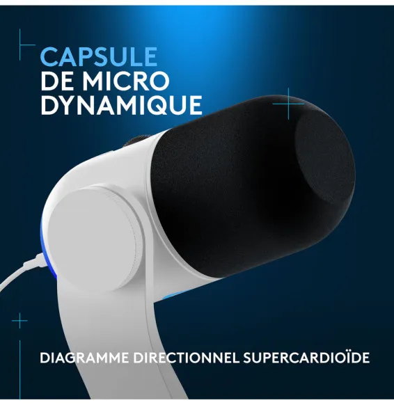 Micro Logitech Yeti GX Blanc avec capsule dynamique supercardioïde