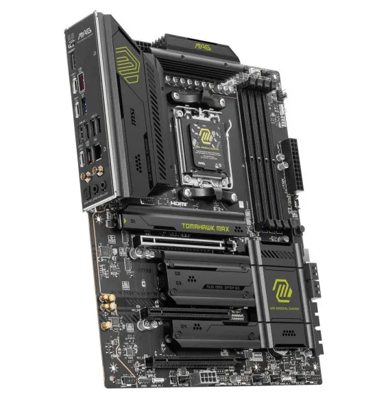 Carte Mère MSI MAG B850 TOMAHAWK MAX WIFI vue inclinée pour configuration AMD Ryzen AM5