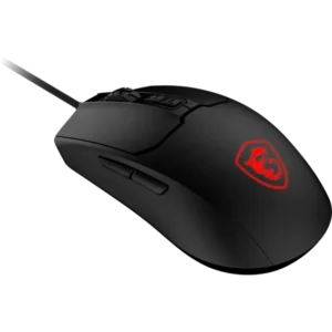 Souris Gaming MSI FORGE GM100 RGB vue inclinée avec logo MSI lumineux