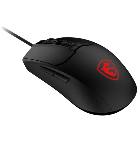 Souris Gaming MSI FORGE GM100 RGB vue inclinée avec logo MSI lumineux