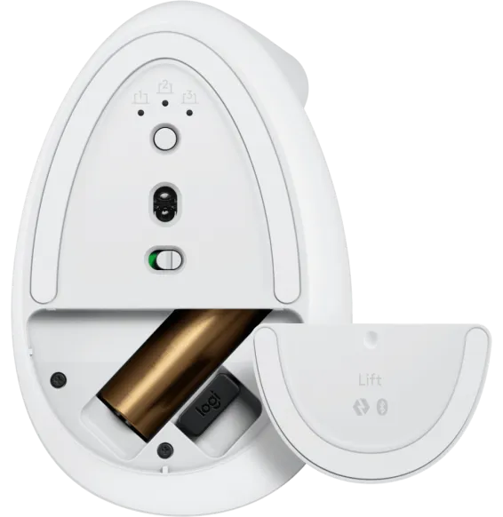 souris Logitech Lift blanche compartiment pile AA intérieur batterie