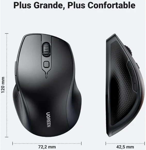 Souris sans fil Bluetooth UGREEN 90395 avec dimensions ergonomiques et prise en main confortable