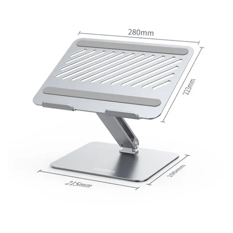 Support UGREEN 40291 ordinateur portable argent avec dimensions de la base et plateau ventilé
