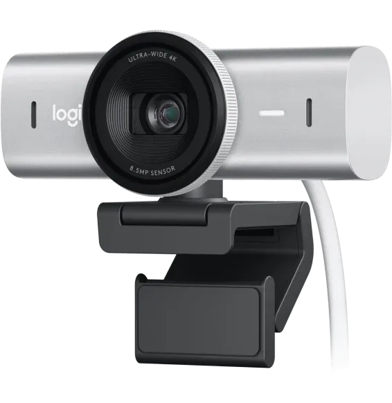 Webcam Logitech MX Brio 4K Ultra HD 960-001554 vue de face avec support de fixation et câble USB-C