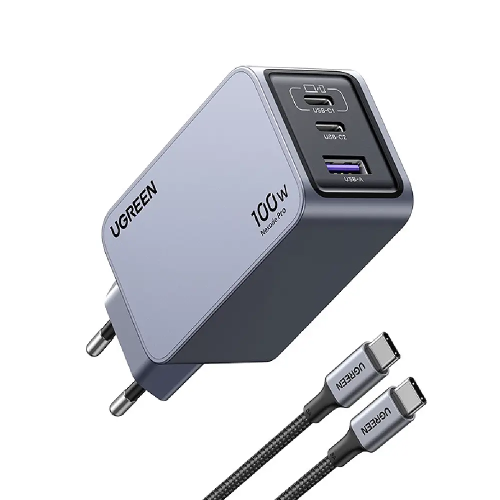 Chargeur UGREEN 25874 Nexode Pro 100W GaN 3 ports gris (1) Chargeur UGREEN 25874 Nexode Pro 100 W GaN 3 ports gris avec câble USB-C 1,5 mètre inclus