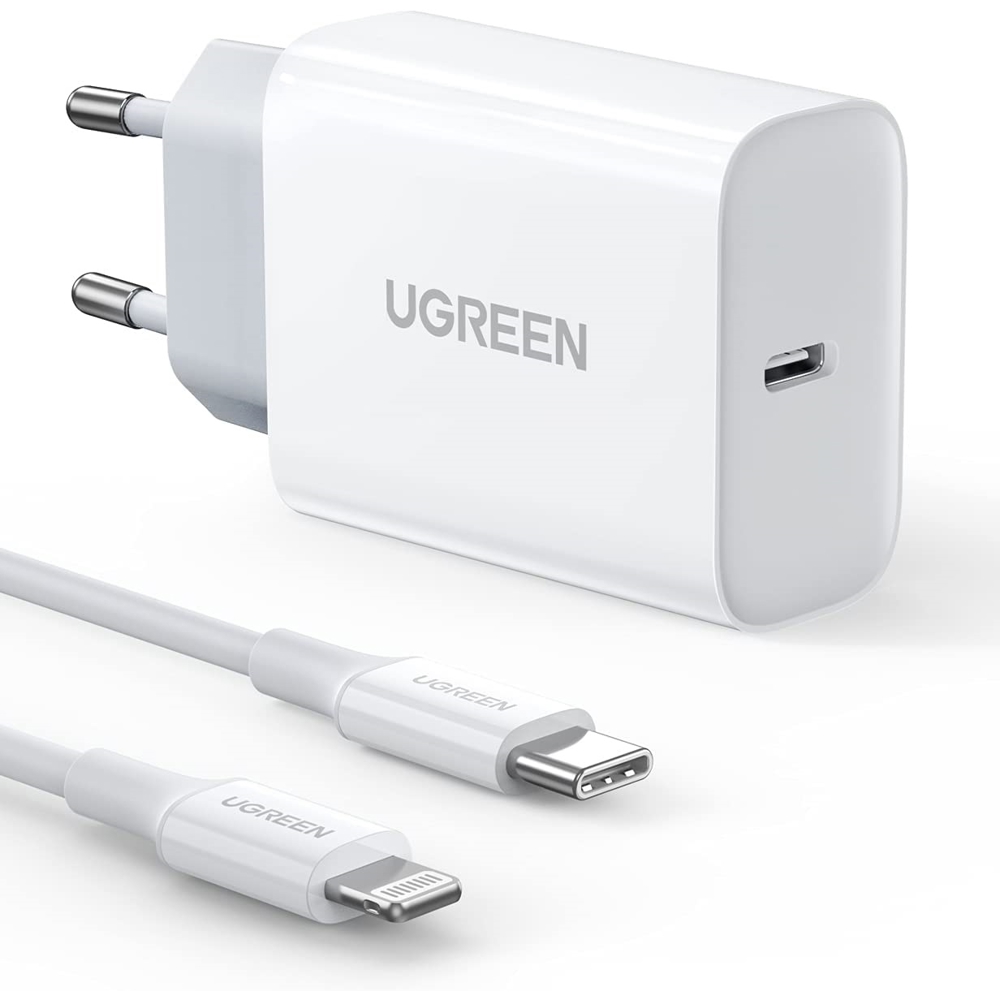 Chargeur UGREEN 50698 USB-C 20 W avec câble Lightning MFi blanc (1) Chargeur UGREEN 50698 USB-C 20 W blanc avec câble Lightning MFi 1 mètre
